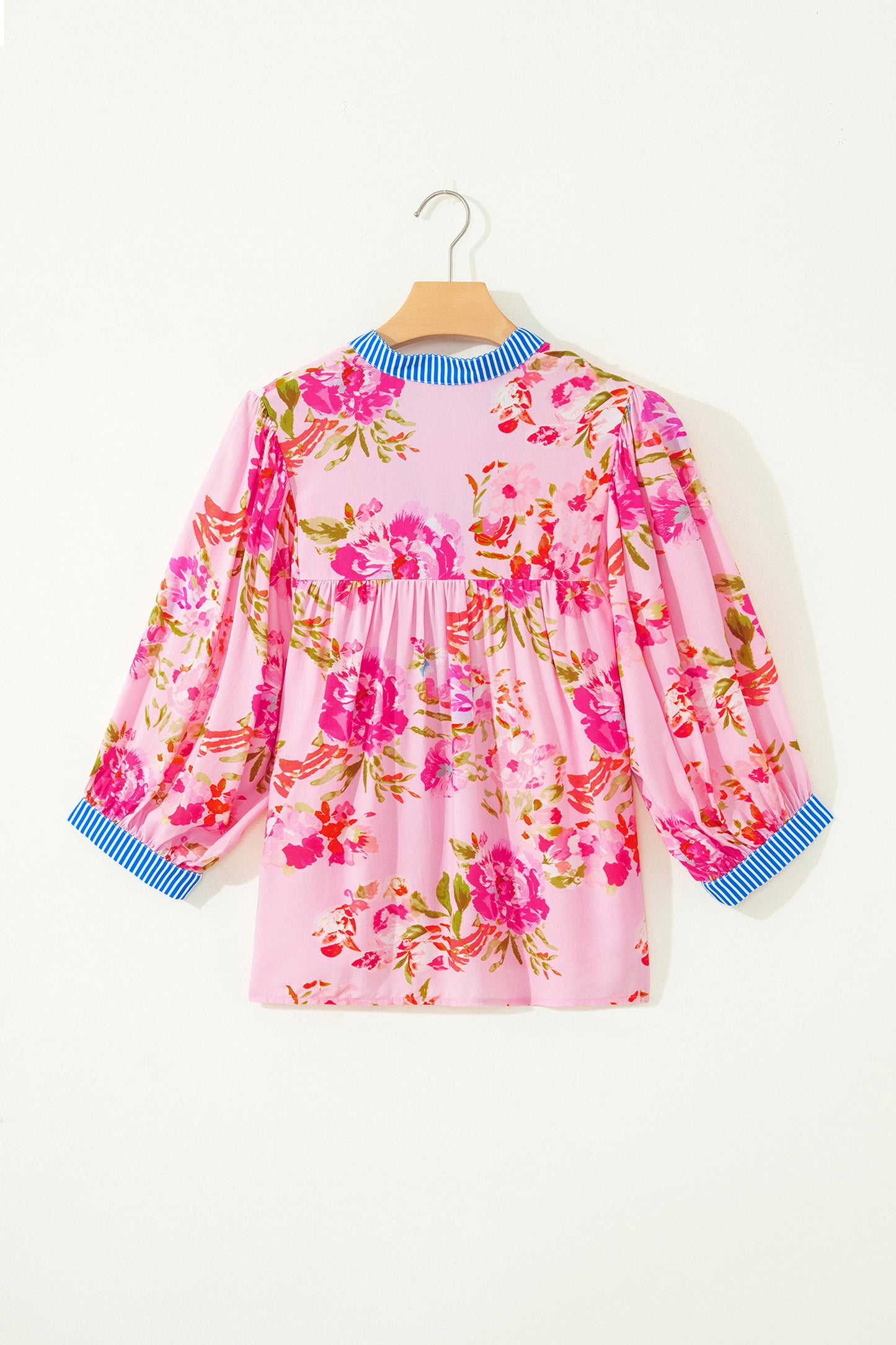 Multicolour Floral Half Sleeve Striped Trim V Neck Blouse-Tops/Blouses & Shirts-[Adult]-[Female]-2022 Online Blue Zone Planet