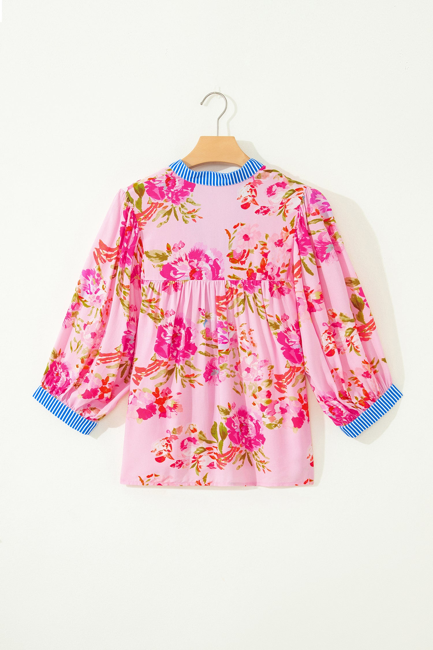 Multicolour Floral Half Sleeve Striped Trim V Neck Blouse-Tops/Blouses & Shirts-[Adult]-[Female]-2022 Online Blue Zone Planet