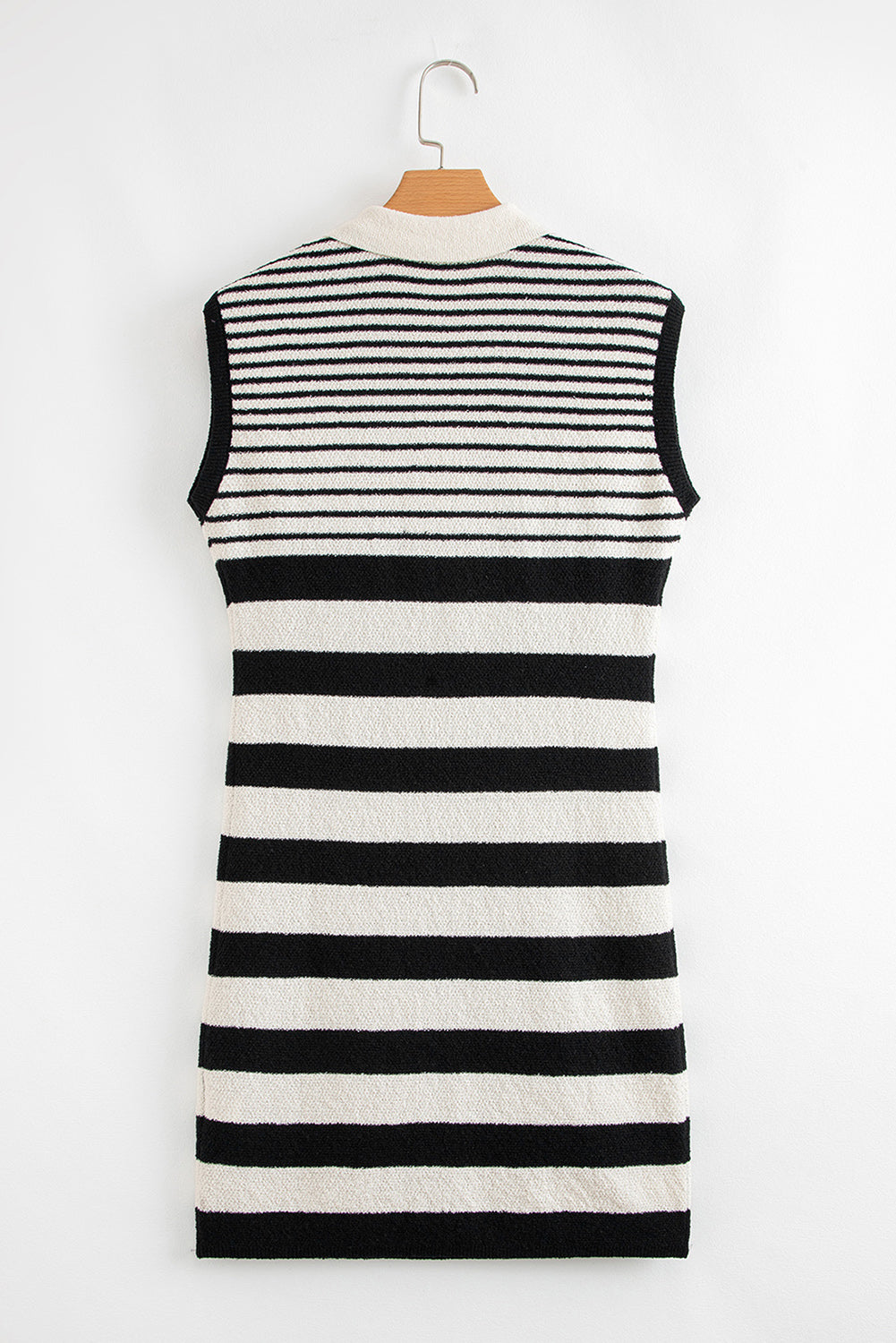 Black Mixed Striped Print Half Placket Collared Cap Sleeve Bodycon Sweater Dress-TOPS / DRESSES-[Adult]-[Female]-2022 Online Blue Zone Planet