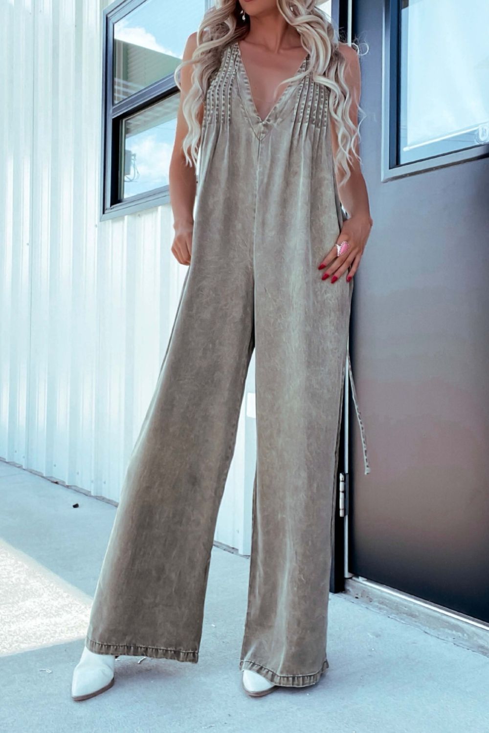 V-Neck Wide Leg Denim Jumpsuit-BOTTOM SIZES SMALL MEDIUM LARGE-[Adult]-[Female]-2022 Online Blue Zone Planet