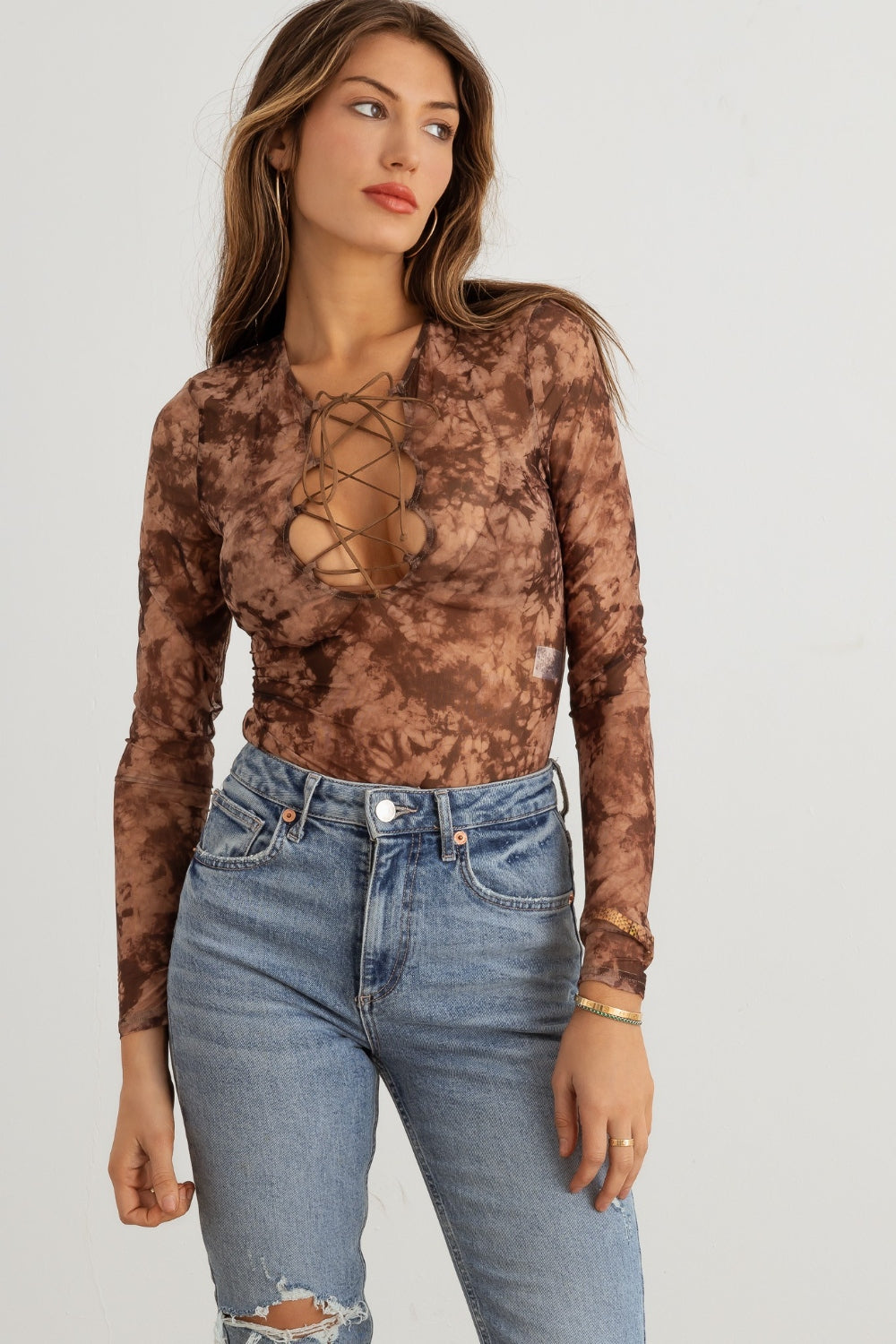 Blue Zone Planet | HERA COLLECTION Abstract Mesh Lace-Up Long Sleeve Bodysuit-TOPS / DRESSES-[Adult]-[Female]-Mocha Taupe-S-2022 Online Blue Zone Planet