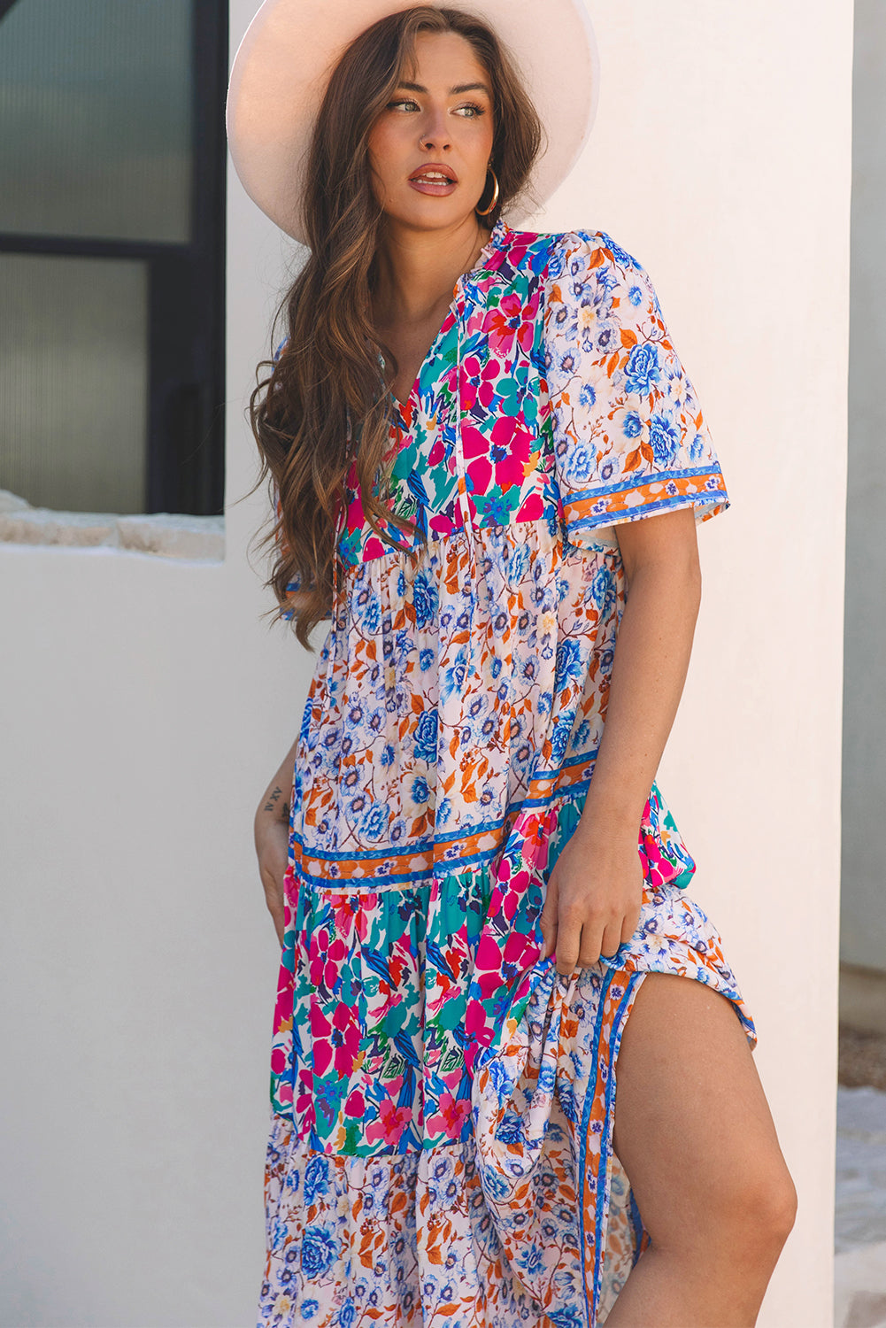 Sky Blue Mixed Floral Print Tie Split Neck Short Sleeve Dress-TOPS / DRESSES-[Adult]-[Female]-2022 Online Blue Zone Planet