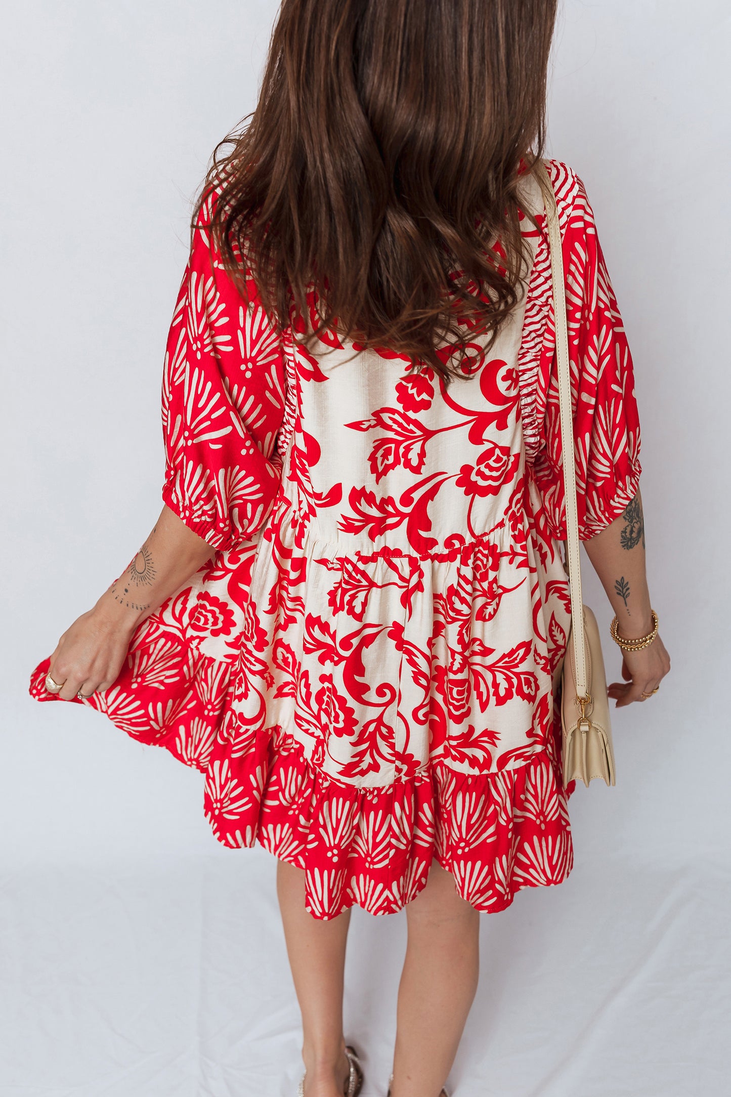 Red Collared V Neck Half Sleeve Loose Flower Mini Dress-TOPS / DRESSES-[Adult]-[Female]-2022 Online Blue Zone Planet
