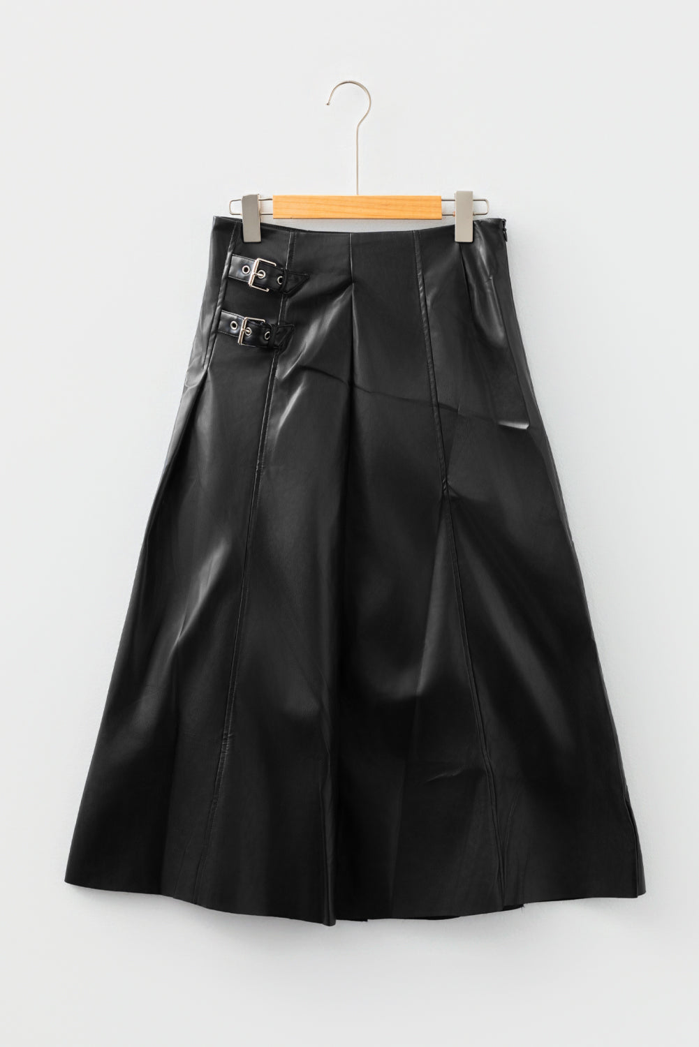 Black Faux Leather Retro Buckle Detail Pleated Stitch Flared Midi Skirt-Bottoms/Skirts & Petticoat-[Adult]-[Female]-2022 Online Blue Zone Planet