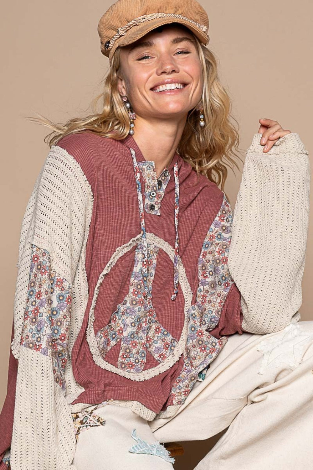 POL Long Sleeve Floral Peace Patch Ribbed Hoodie-TOPS / DRESSES-[Adult]-[Female]-Red Brick-S-2022 Online Blue Zone Planet