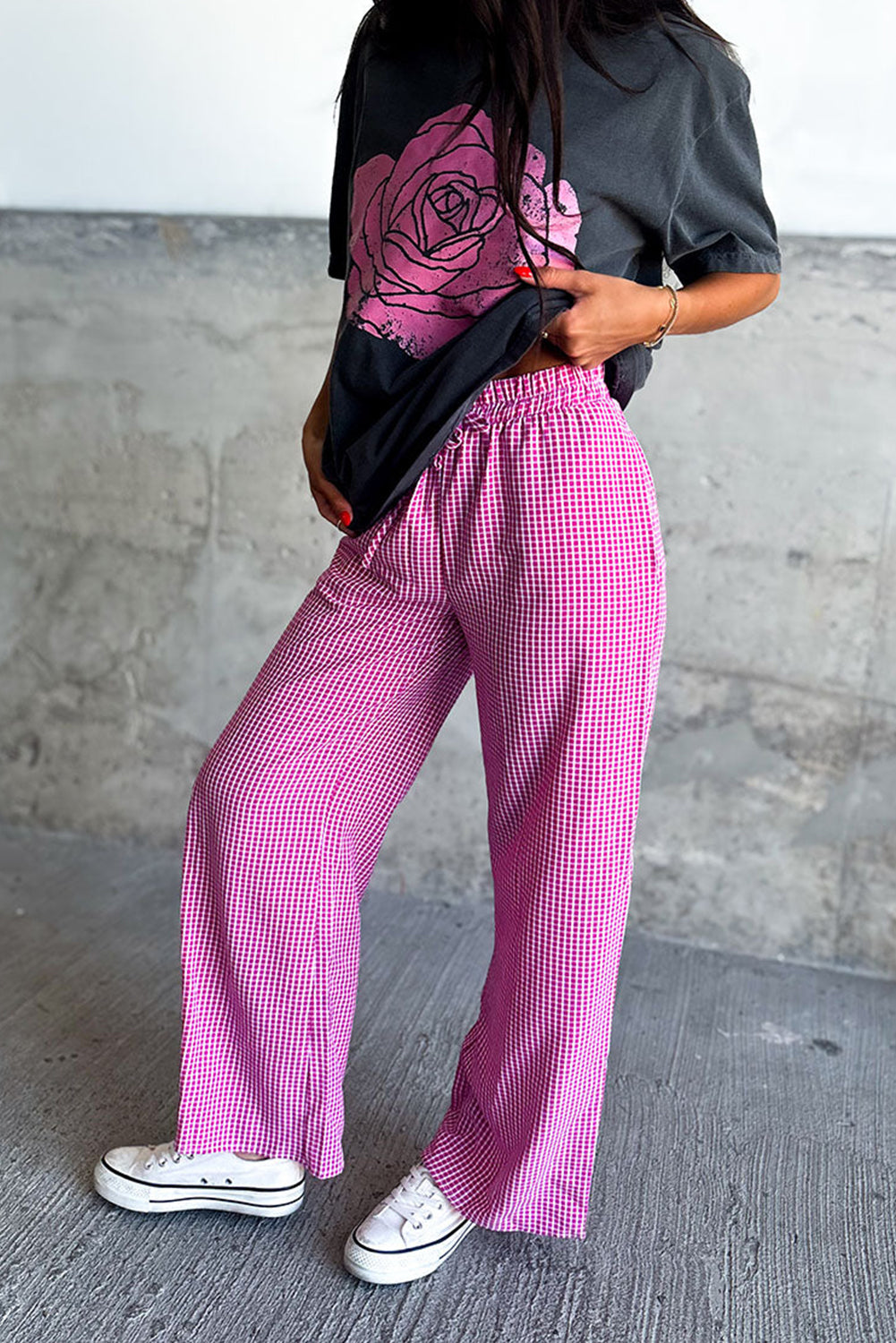 Blue Zone Planet | Pink Plaid Print Drawstring High Waist Wide Leg Casual Pants-Bottoms/Pants & Culotte-[Adult]-[Female]-2022 Online Blue Zone Planet