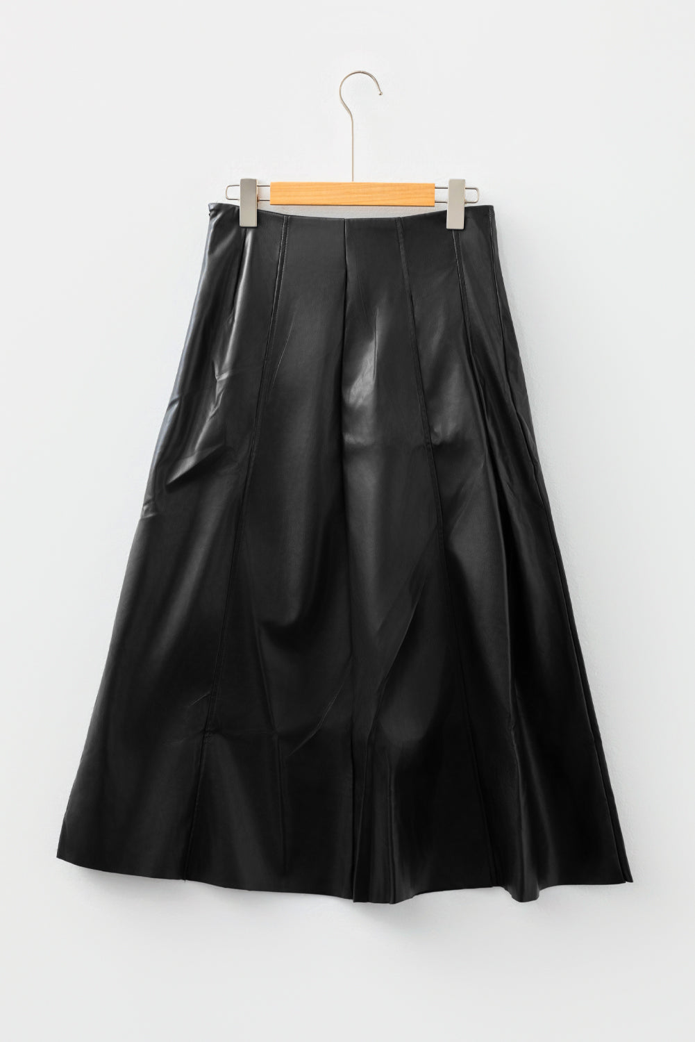 Black Faux Leather Retro Buckle Detail Pleated Stitch Flared Midi Skirt-Bottoms/Skirts & Petticoat-[Adult]-[Female]-2022 Online Blue Zone Planet