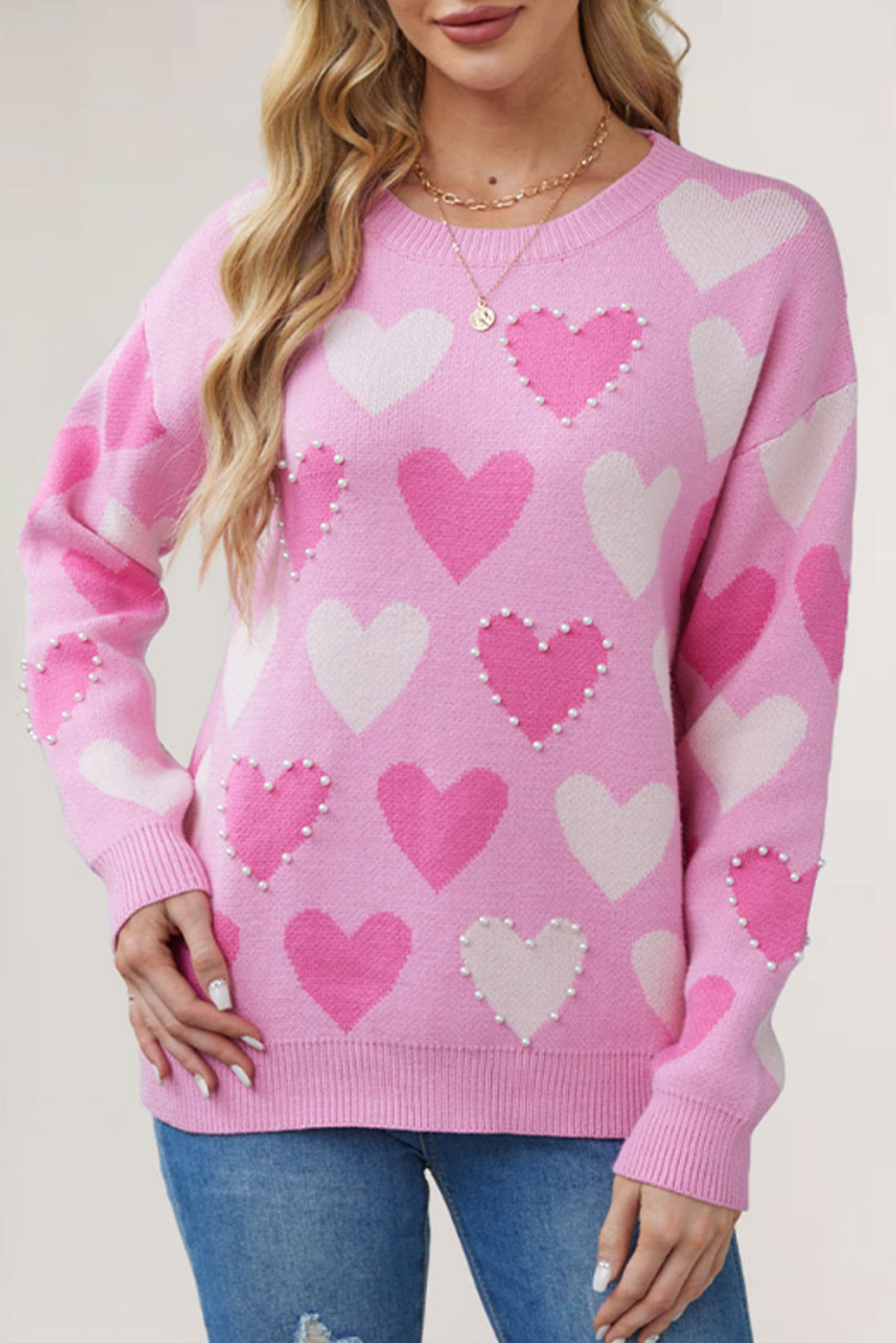 Pink Pearl Heart Graphic Round Neck Sweater-Sweaters-[Adult]-[Female]-2022 Online Blue Zone Planet