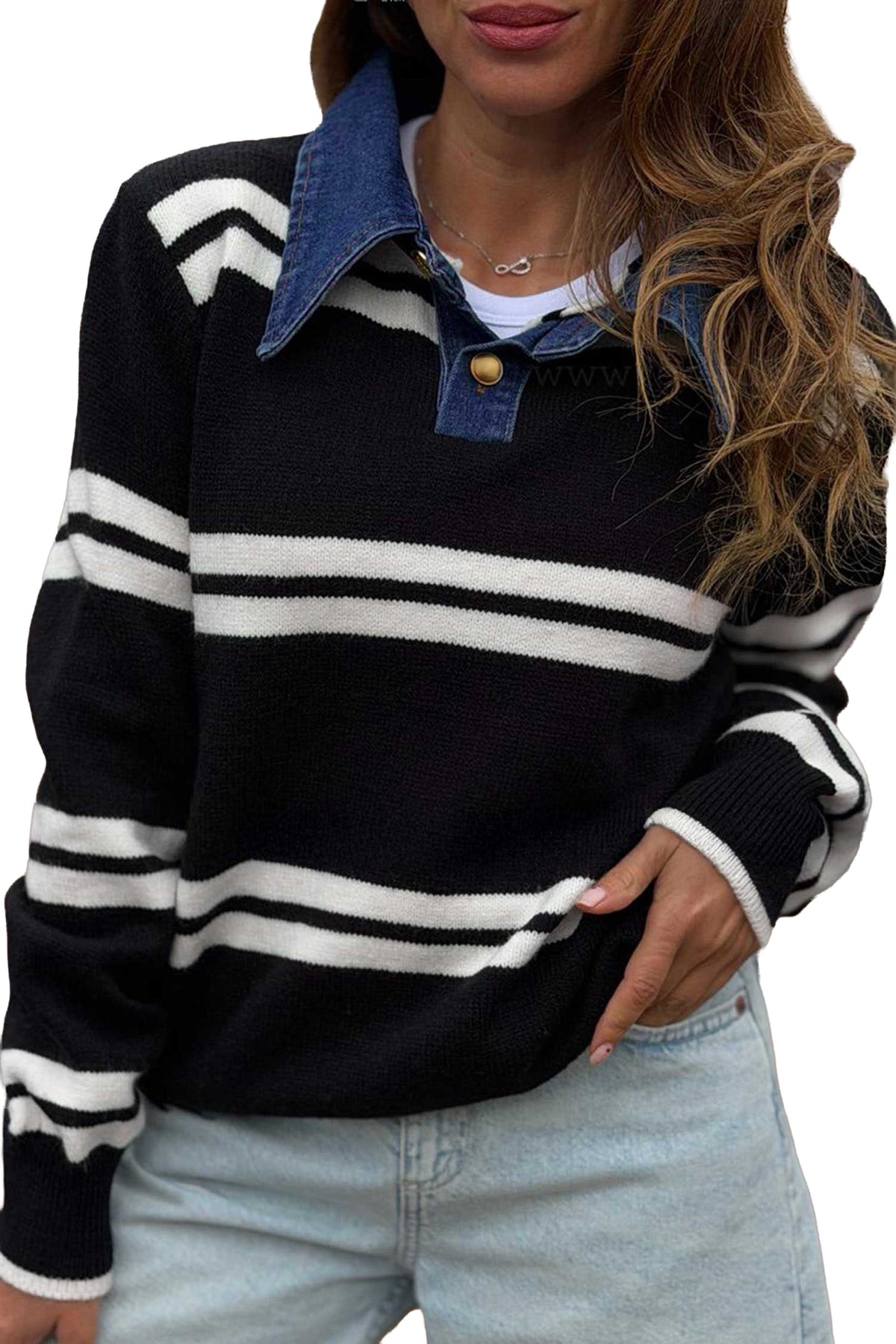 Black Stripe Denim Collar Patchwork Relaxed Knit Sweater-Sweaters & Cardigans/Sweaters-[Adult]-[Female]-2022 Online Blue Zone Planet