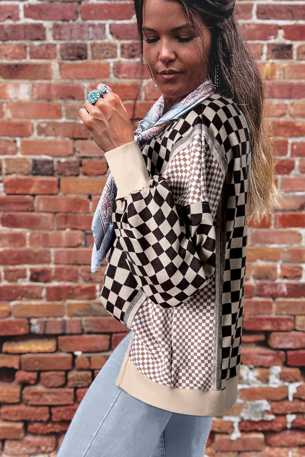 Khaki Mixed Checkered Pattern Patchwork High Low Casual Top-Tops/Long Sleeve Tops-[Adult]-[Female]-2022 Online Blue Zone Planet