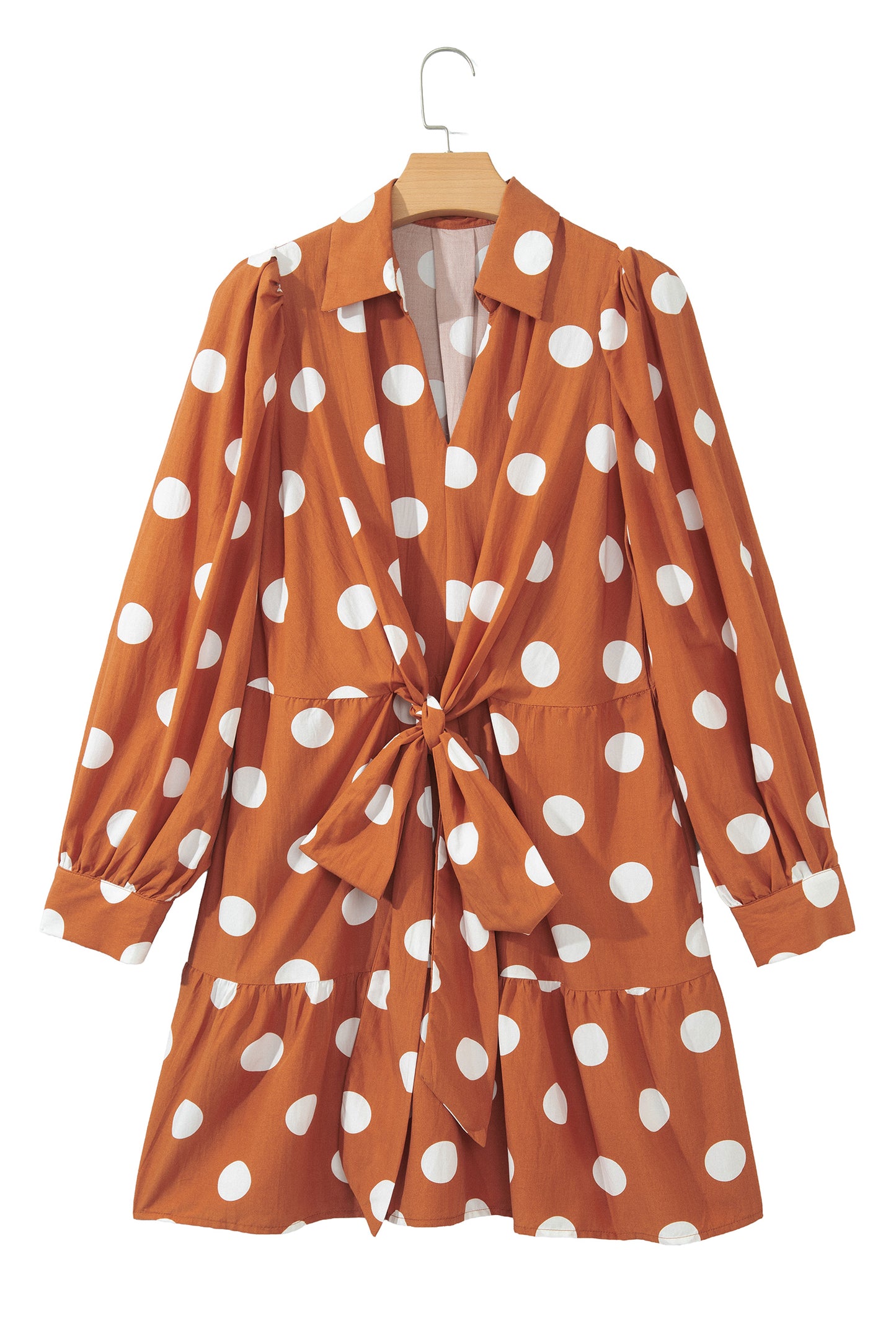 Brown Polka Dot Long Sleeve Tie Waist Casual Shift Mini Dress