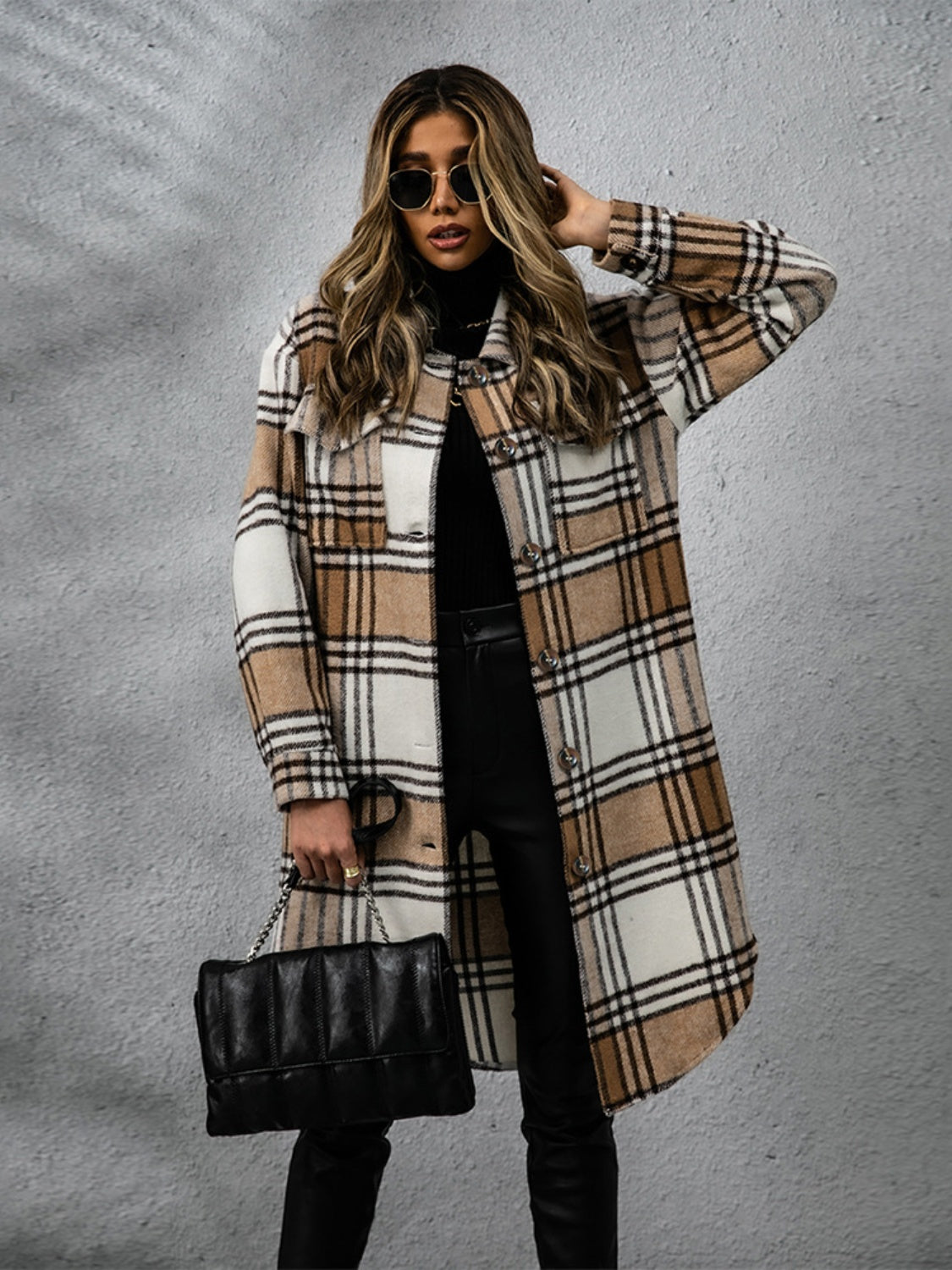 Plaid Collared Neck Long Sleeve Coat-TOPS / DRESSES-[Adult]-[Female]-2022 Online Blue Zone Planet