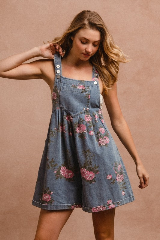 BiBi Flower Printed Wide Strap Denim Overalls-TOPS / DRESSES-[Adult]-[Female]-2022 Online Blue Zone Planet