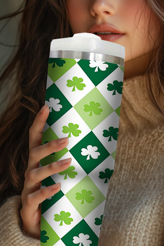 Green St Patricks Day Checkered Clover Tumbler Cup-Cups-[Adult]-[Female]-Green-ONE SIZE-2022 Online Blue Zone Planet