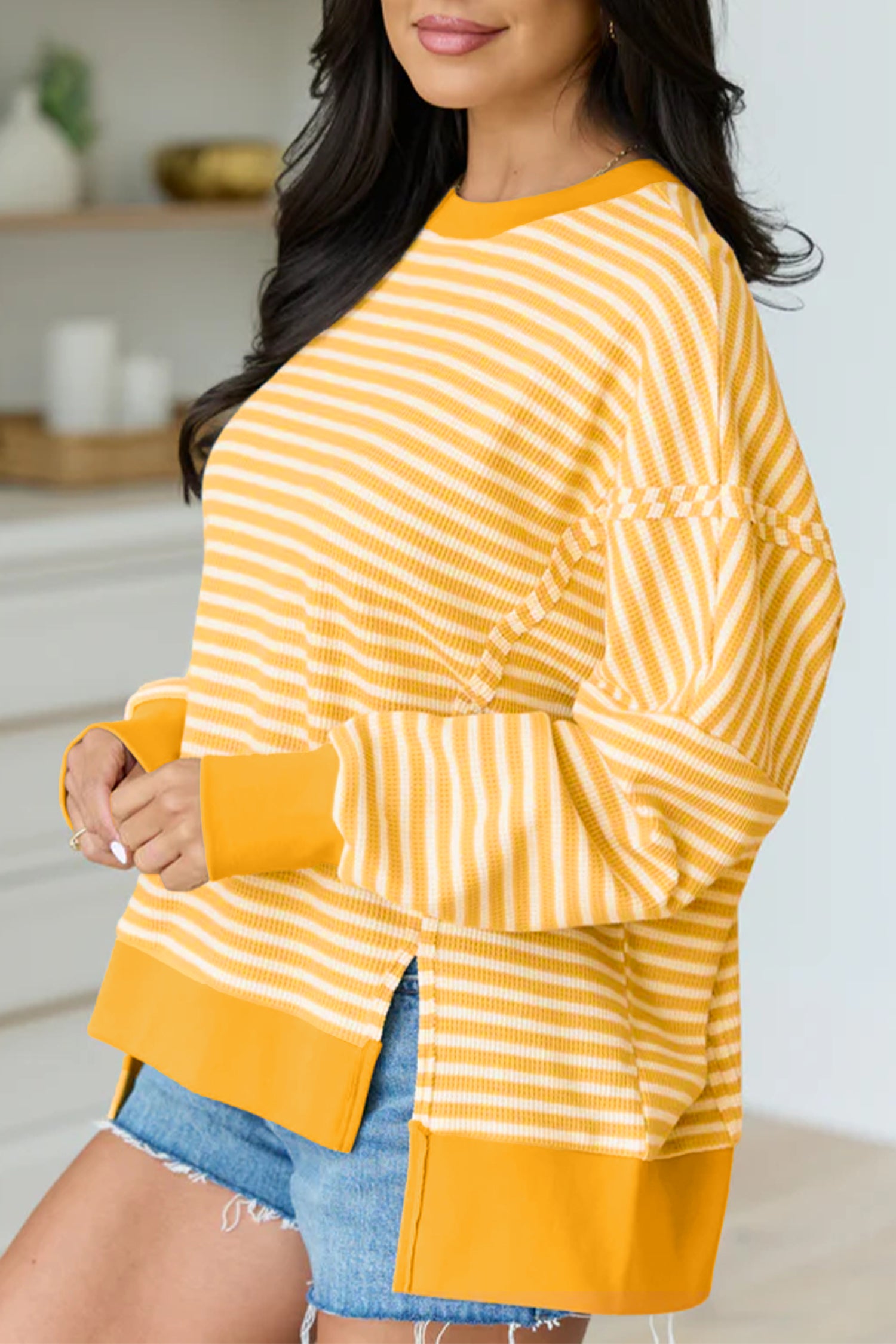 Khaki Stripe Textured Knit Color Block Trim Split Hem Long Sleeve Top-Tops/Long Sleeve Tops-[Adult]-[Female]-2022 Online Blue Zone Planet
