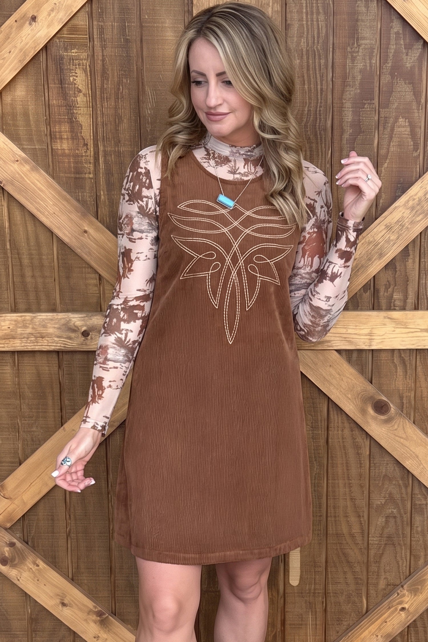 Coffee Geometric Embroidery Sleeveless Corduroy Shift Dress-TOPS / DRESSES-[Adult]-[Female]-2022 Online Blue Zone Planet