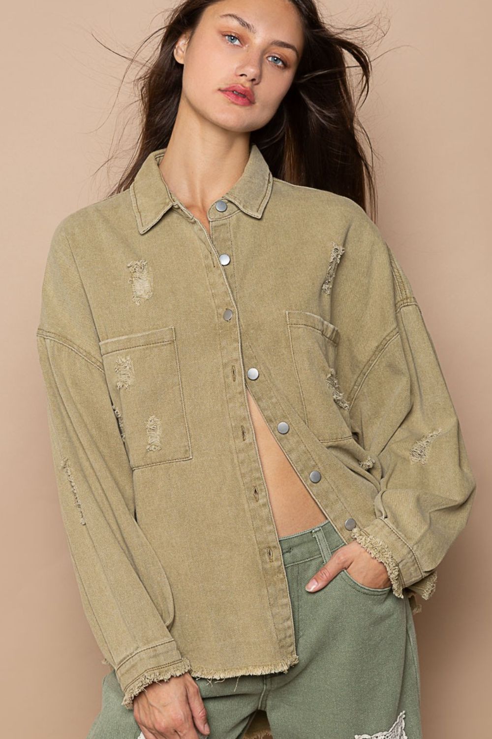 POL Button Down Raw Hem Distressed Shacket-TOPS / DRESSES-[Adult]-[Female]-Mocha Herb-S-2022 Online Blue Zone Planet