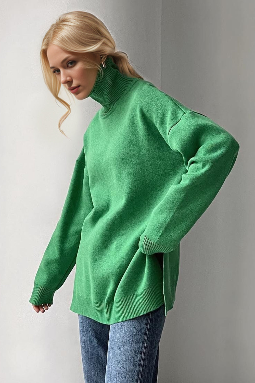 Basic Bae Side Slit Turtleneck Dropped Shoulder Sweater-TOPS / DRESSES-[Adult]-[Female]-Green-One Size-2022 Online Blue Zone Planet