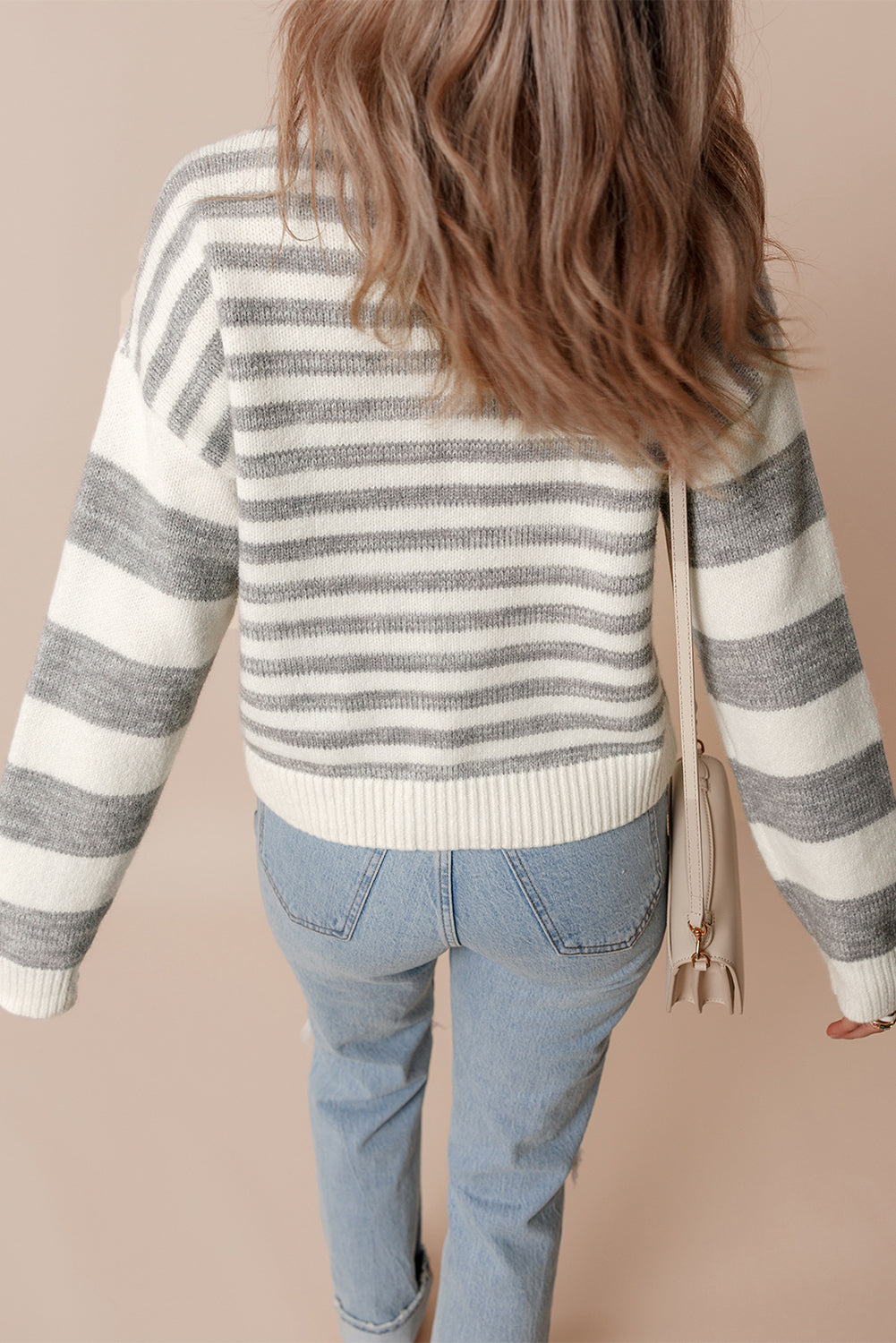 Blue Zone Planet | Gray Stripe Drop Shoulder Crew Neck Sweater-Sweaters & Cardigans/Sweaters-[Adult]-[Female]-2022 Online Blue Zone Planet