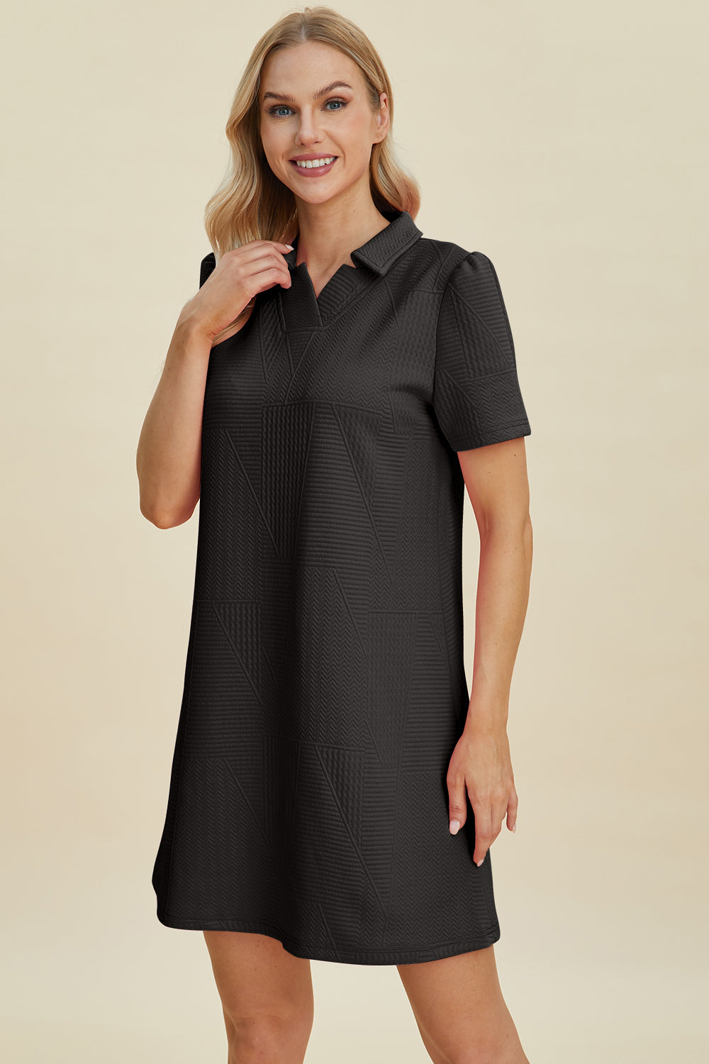 Double Take Full Size Texture Short Sleeve Dress-TOPS / DRESSES-[Adult]-[Female]-2022 Online Blue Zone Planet