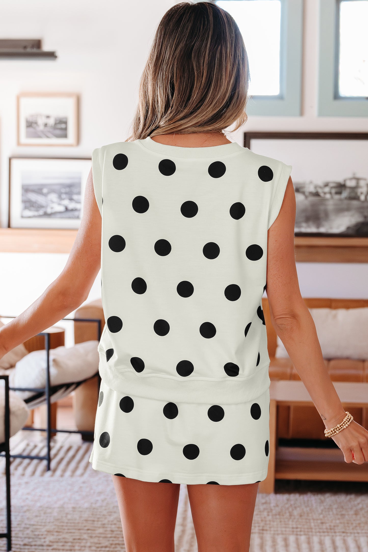 Sky Blue Ribbed Trim Polka Dot Print Tank Split Mini Skort 2pcs Set-Two Piece Sets/Two Piece Dresses-[Adult]-[Female]-2022 Online Blue Zone Planet