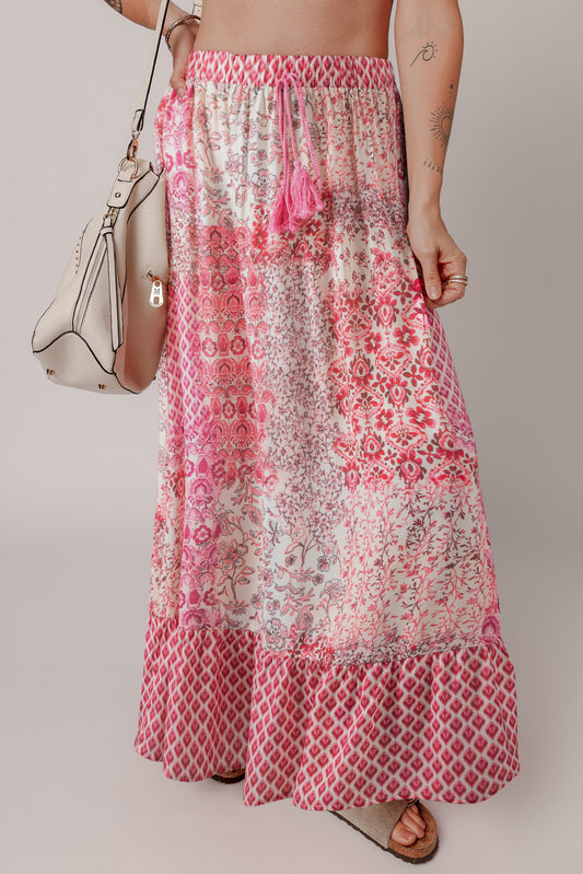 Red Boho Pattern Print Tassel Drawstring High Waist Maxi Dress-Bottoms/Skirts & Petticoat-[Adult]-[Female]-Red-S-2022 Online Blue Zone Planet
