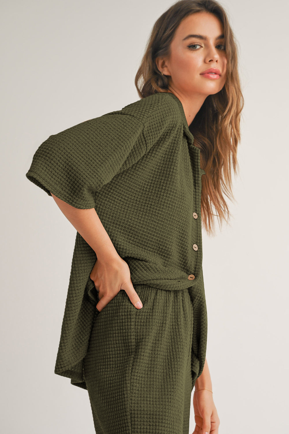 Four Leaf Clover Solid Color Textured Buttoned Shirt and Casual Pants Set-Two Piece Sets/Pant Sets-[Adult]-[Female]-2022 Online Blue Zone Planet