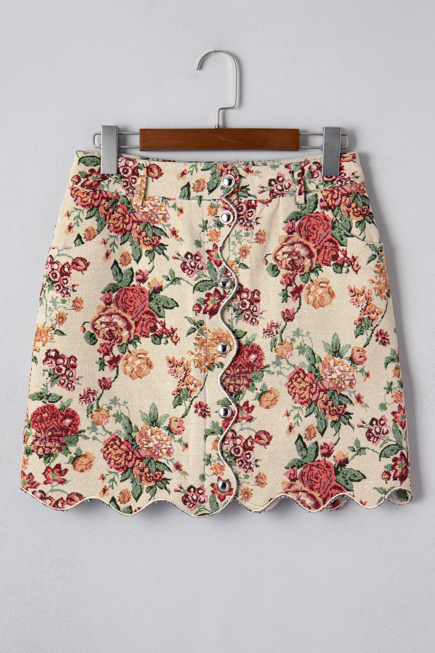 Apricot Buttoned Front Scalloped Trim Mini Jacquard Floral Skirt-Bottoms/Skirts & Petticoat-[Adult]-[Female]-2022 Online Blue Zone Planet