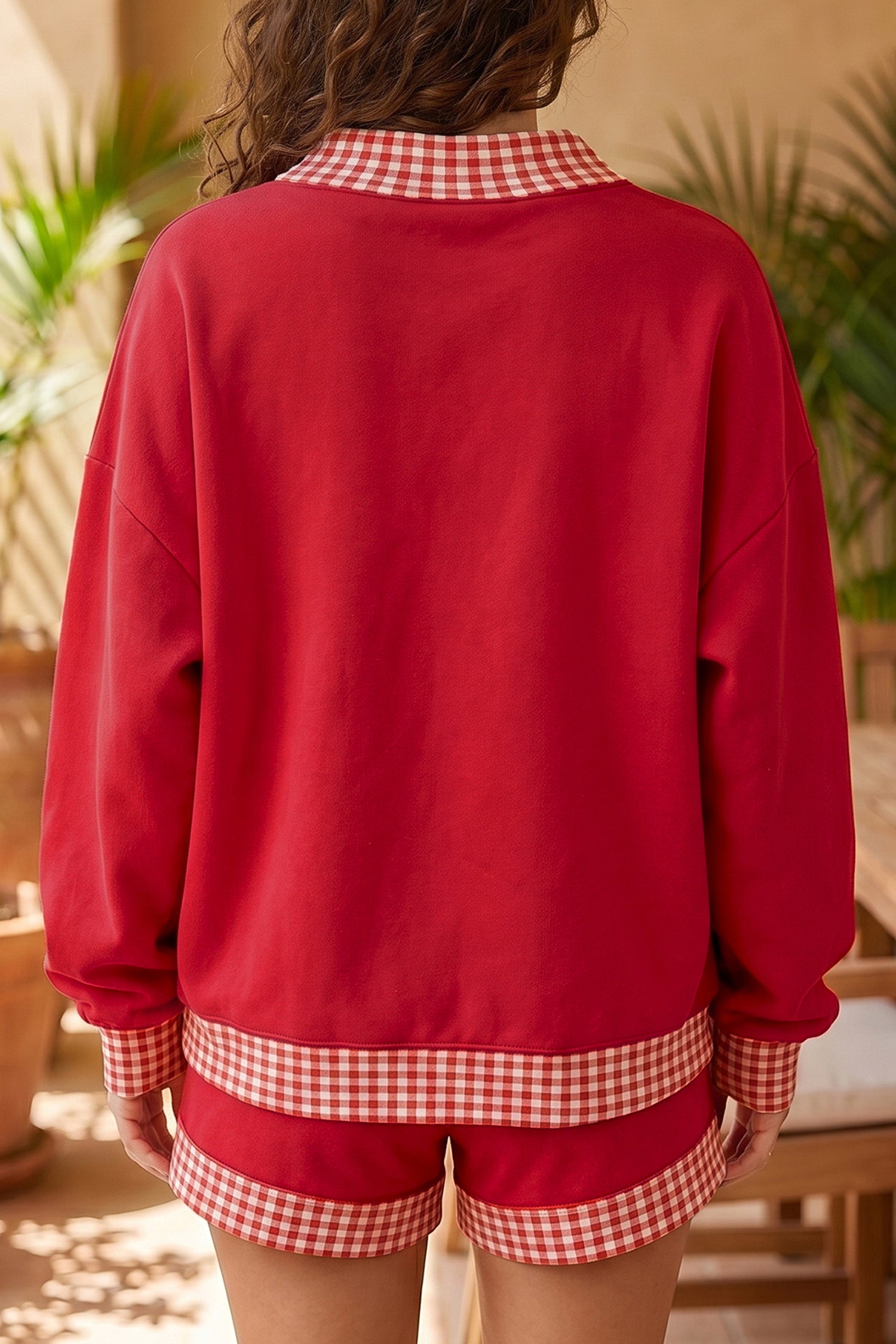 Fiery Red Game Day Gingham Trim Graphic Long Sleeve Top Shorts Set-Graphic/Graphic Sets-[Adult]-[Female]-2022 Online Blue Zone Planet