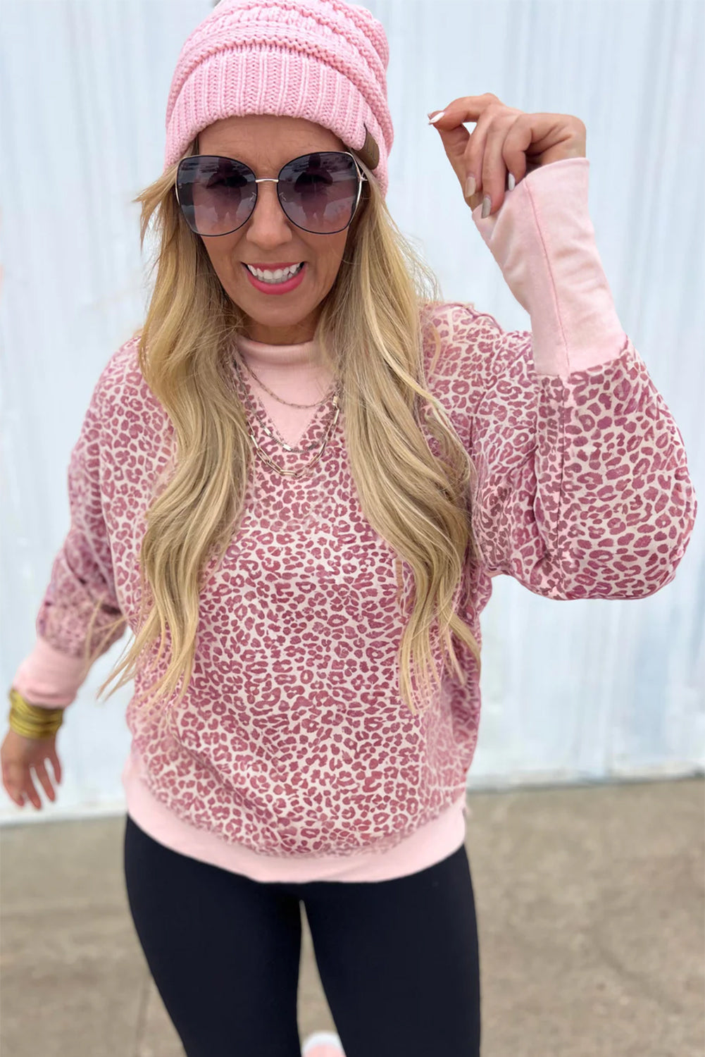 Pink Leopard Print Patchwork Crew Neck Sweatshirt-Tops/Sweatshirts & Hoodies-[Adult]-[Female]-2022 Online Blue Zone Planet