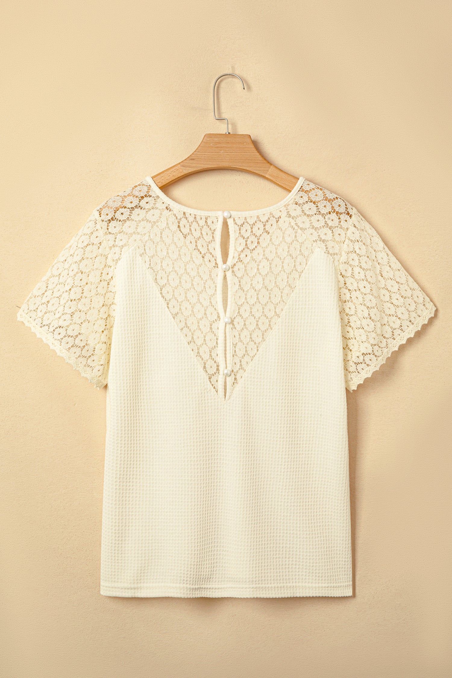 Beige Lace Splicing Button Cutout V Neck Waffle Knit Blouse-Tops/Blouses & Shirts-[Adult]-[Female]-2022 Online Blue Zone Planet