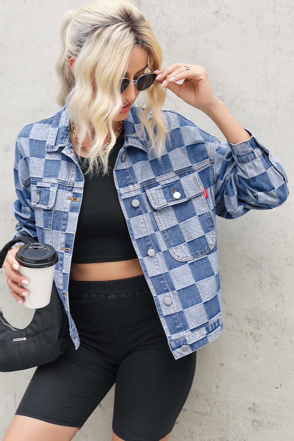 Blue Zone Planet | Checkered Button Up Long Sleeve Denim Jacket-TOPS / DRESSES-[Adult]-[Female]-2022 Online Blue Zone Planet