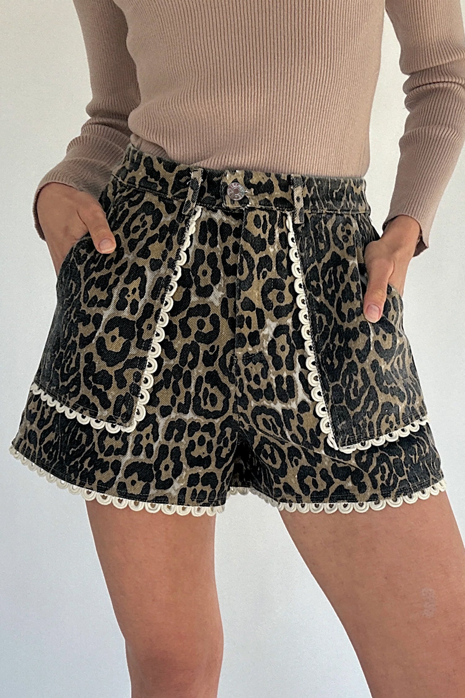 Khaki Contrast Scalloped Lace Trim Leopard Denim Shorts-Bottoms/Denim Shorts-[Adult]-[Female]-Khaki-S-2022 Online Blue Zone Planet