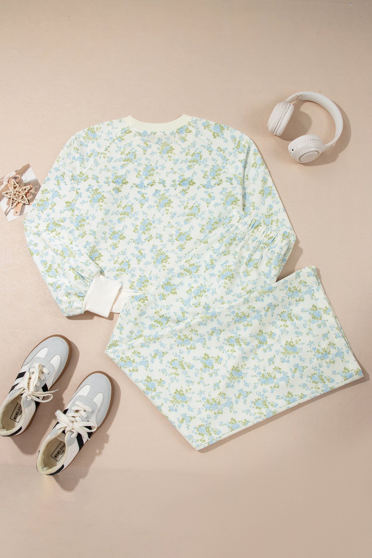 Sky Blue Floral Print Long Sleeve Top Drawstring Wide Leg Pants Set-Two Piece Sets/Pant Sets-[Adult]-[Female]-2022 Online Blue Zone Planet