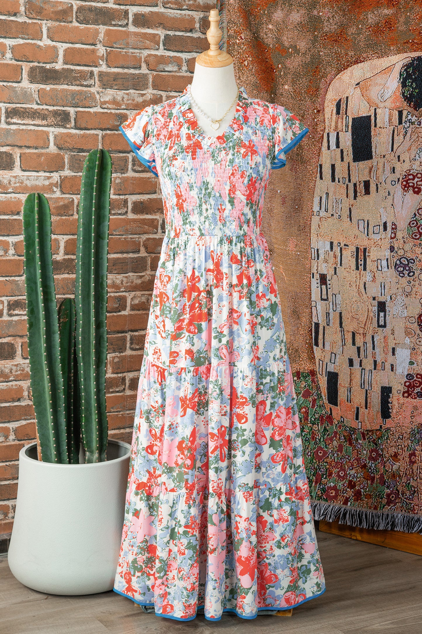 Apricot Floral Print V Neck Contrast Trim Flutter Sleeve Maxi Dress-TOPS / DRESSES-[Adult]-[Female]-2022 Online Blue Zone Planet