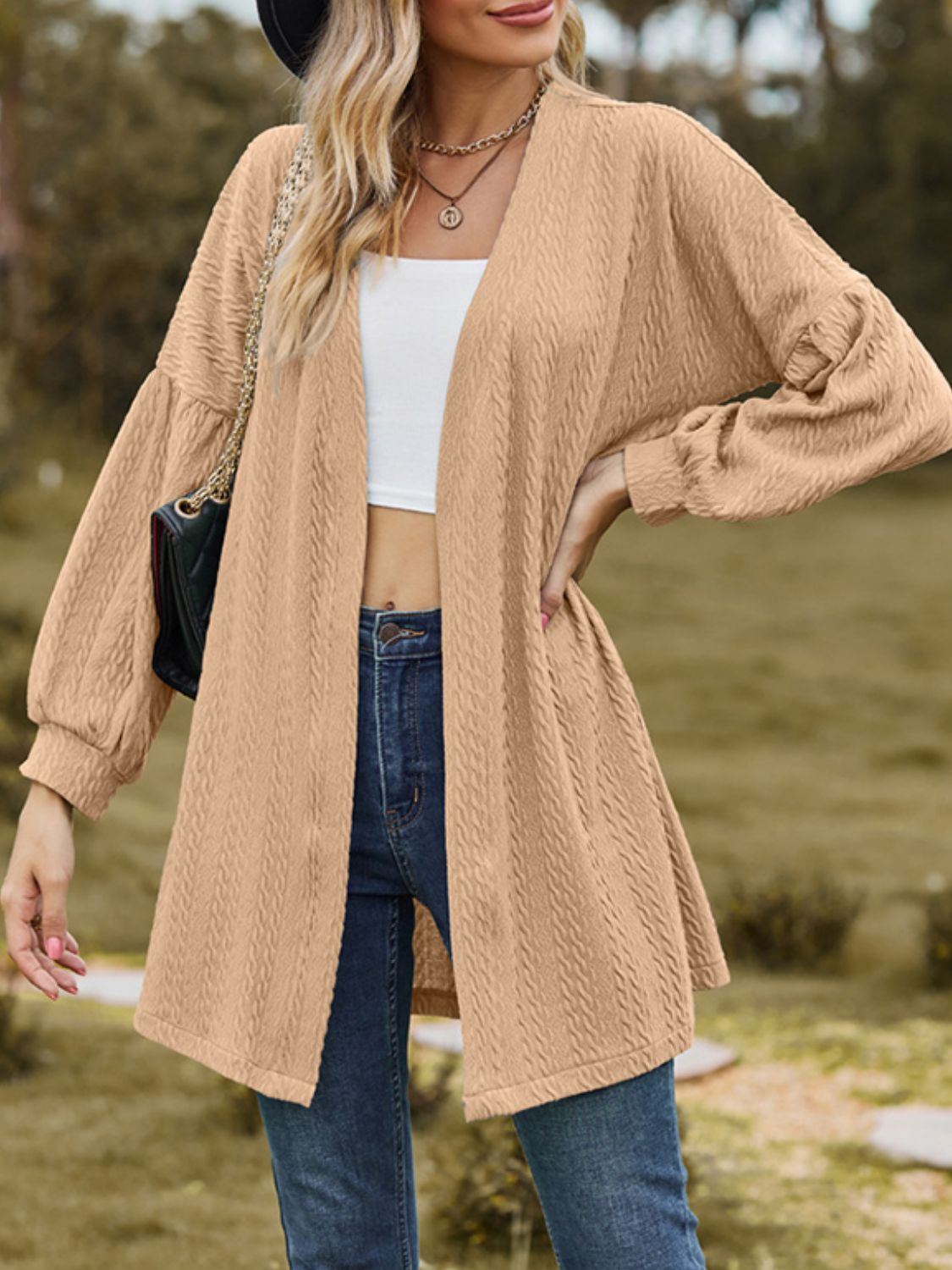 Textured Open Front Dropped Shoulder Cardigan-TOPS / DRESSES-[Adult]-[Female]-2022 Online Blue Zone Planet