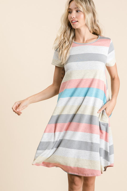 BOMBOM Striped Short Sleeve Dress with Pockets-TOPS / DRESSES-[Adult]-[Female]-Stripe-S-2022 Online Blue Zone Planet