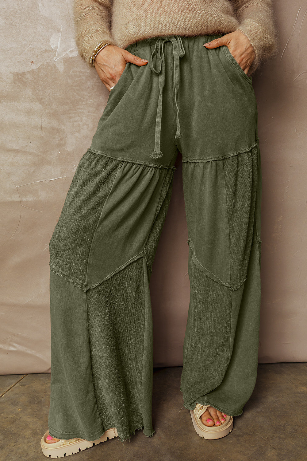 Black Mineral Wash Tiered Wide Leg Patchwork Drawstring Pants