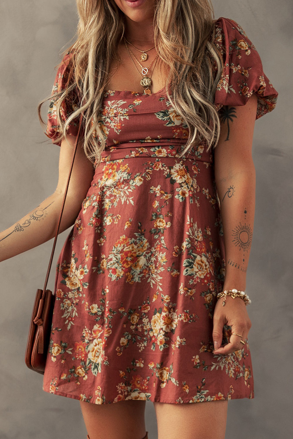 Red Floral Puff Sleeve Square Neck Knot Open Back Mini Dress-TOPS / DRESSES-[Adult]-[Female]-2022 Online Blue Zone Planet