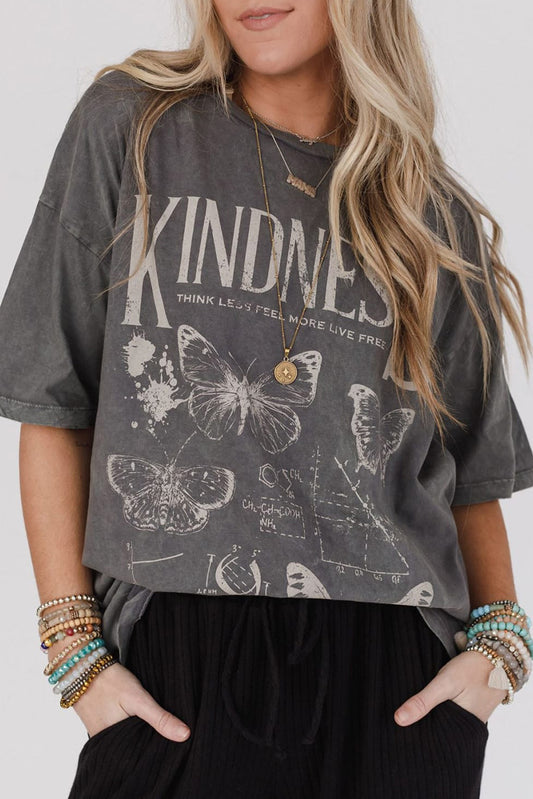 Dark Grey Kindness Butterflies Graphic Mineral Wash Loose Tee-Graphic/Graphic Tees-[Adult]-[Female]-Dark Grey-S-2022 Online Blue Zone Planet