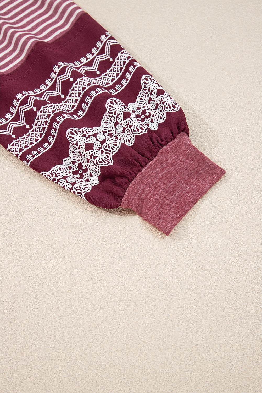 Mineral Red Contrast Print Striped Raglan Long Sleeve Loose Top-Tops/Long Sleeve Tops-[Adult]-[Female]-2022 Online Blue Zone Planet