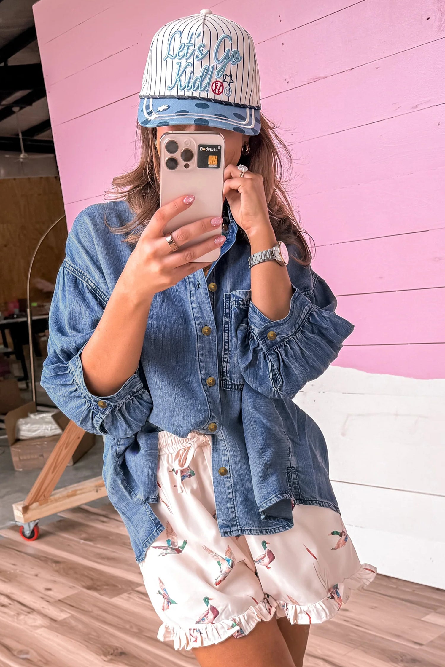 Dusk Blue Three Quarter Sleeve Button Front Loose Denim Shirt-Tops/Blouses & Shirts-[Adult]-[Female]-2022 Online Blue Zone Planet