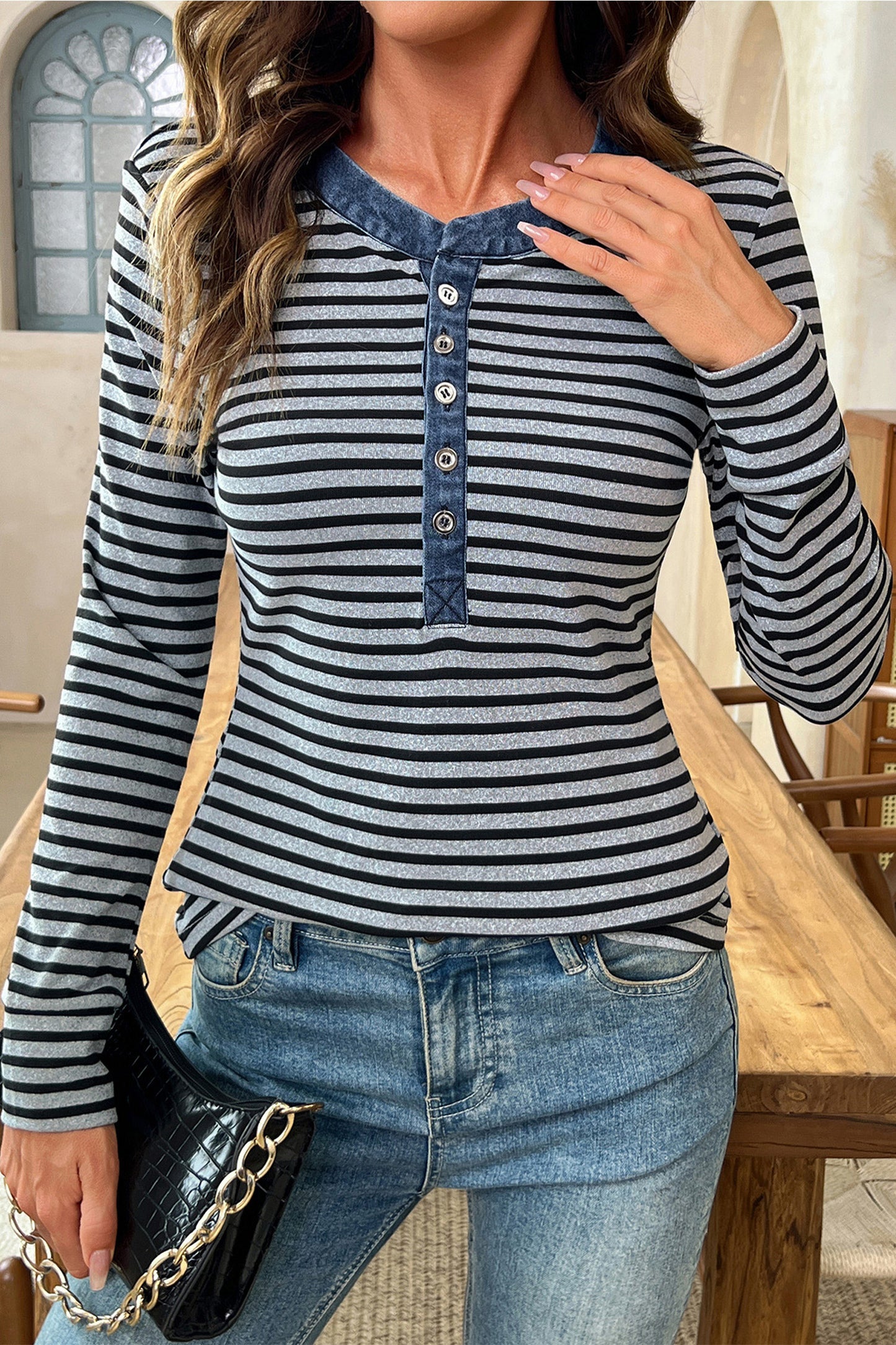 Gray Stripe Denim Contrast Collar Half Button Long Sleeve Top-Tops/Long Sleeve Tops-[Adult]-[Female]-2022 Online Blue Zone Planet