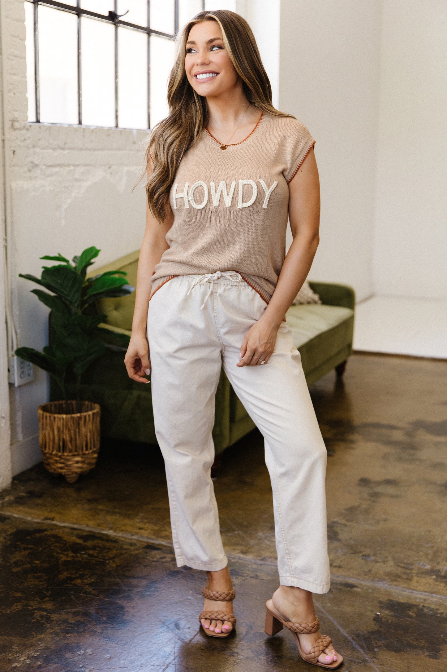 Parchment Contrast Trim Short Sleeve Knit HOWDY Western Sweater-Sweaters & Cardigans/Short Sleeve Sweaters-[Adult]-[Female]-2022 Online Blue Zone Planet