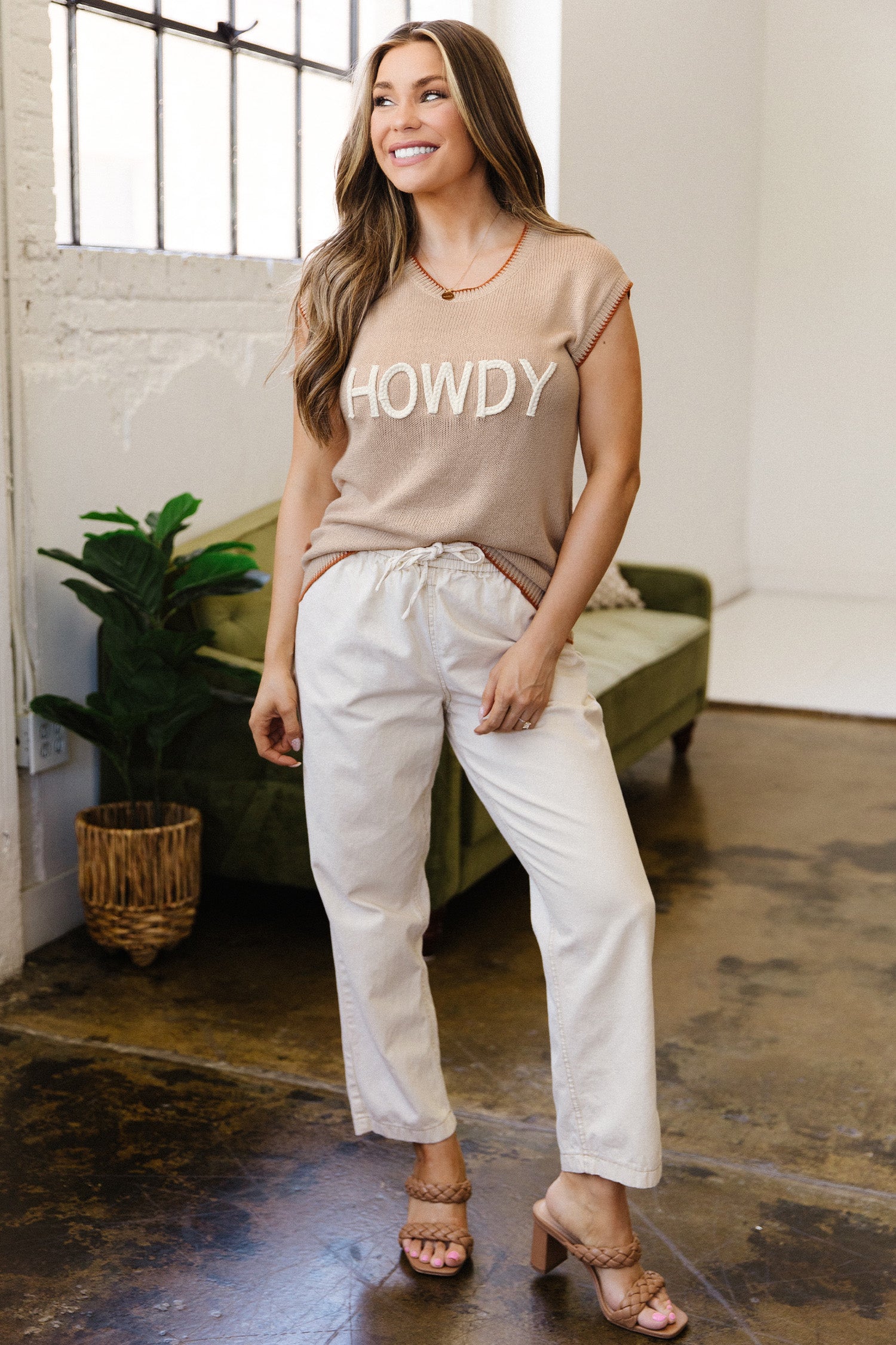 Parchment Contrast Trim Short Sleeve Knit HOWDY Western Sweater-Sweaters & Cardigans/Short Sleeve Sweaters-[Adult]-[Female]-2022 Online Blue Zone Planet