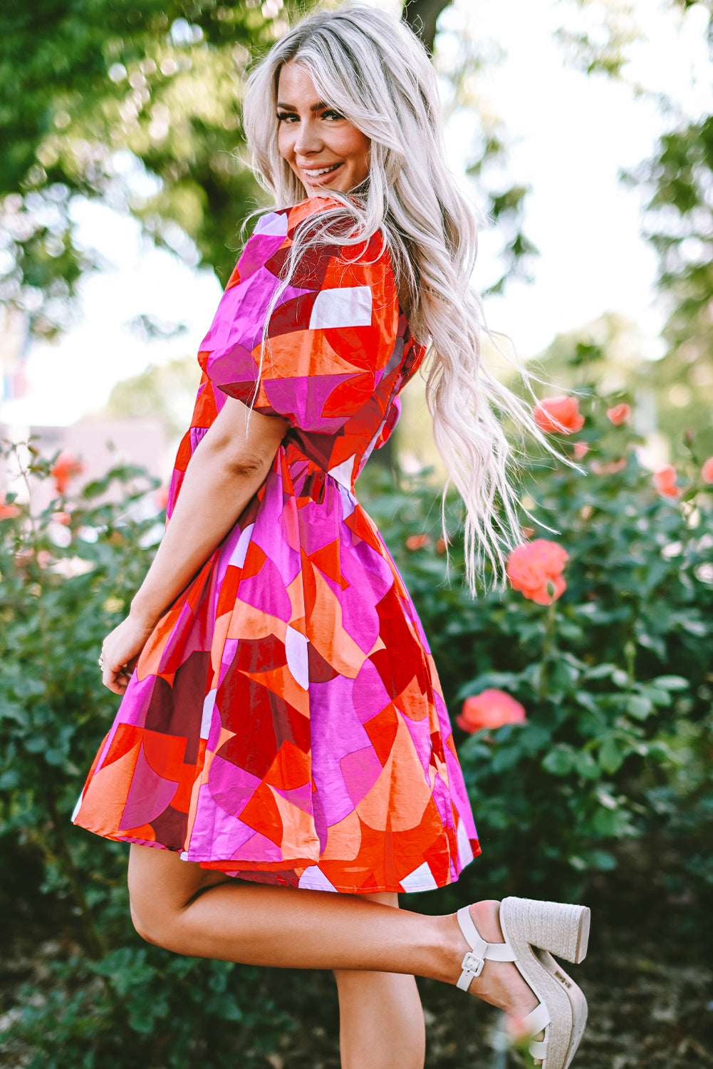 Blue Zone Planet |  Red Abstract Print Square Neck Puff Sleeve Dress Blue Zone Planet