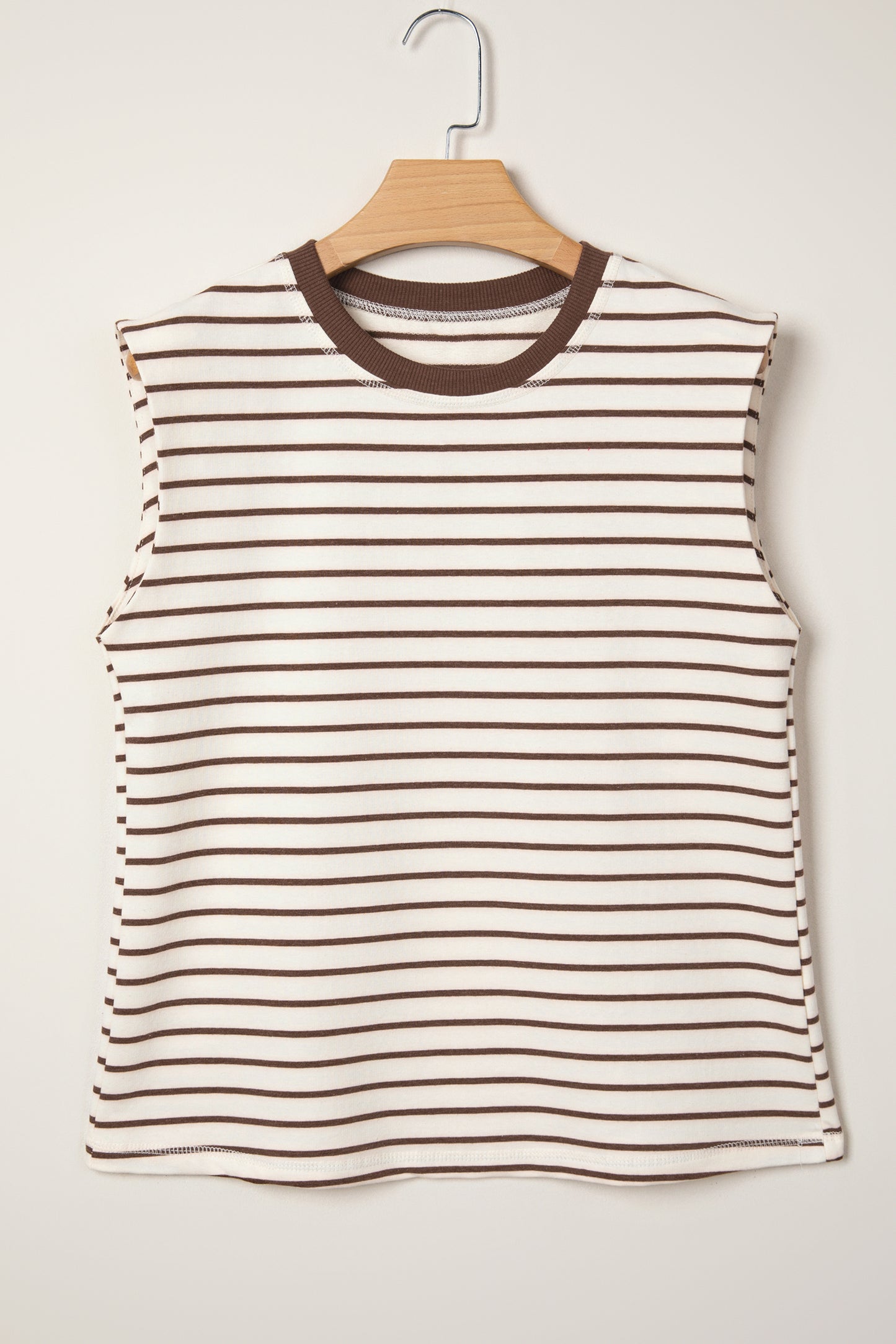 Brown Stripe Ribbed Round Neck Trim Loose Tank Top-Tops/Tank Tops-[Adult]-[Female]-2022 Online Blue Zone Planet