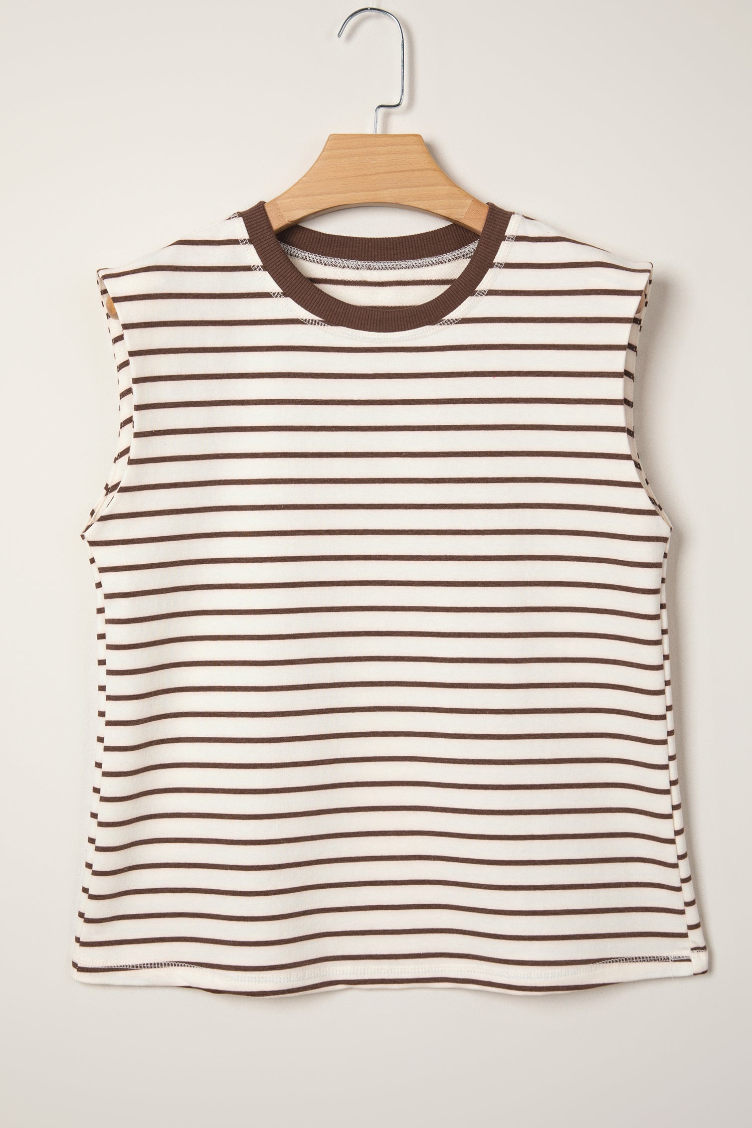 Brown Stripe Ribbed Round Neck Trim Loose Tank Top-Tops/Tank Tops-[Adult]-[Female]-2022 Online Blue Zone Planet