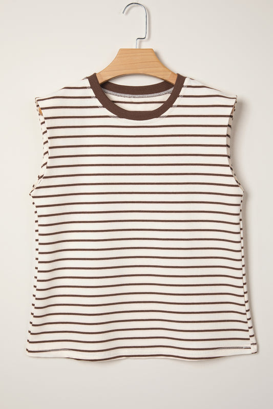 Brown Stripe Ribbed Round Neck Trim Loose Tank Top-Tops/Tank Tops-[Adult]-[Female]-2022 Online Blue Zone Planet