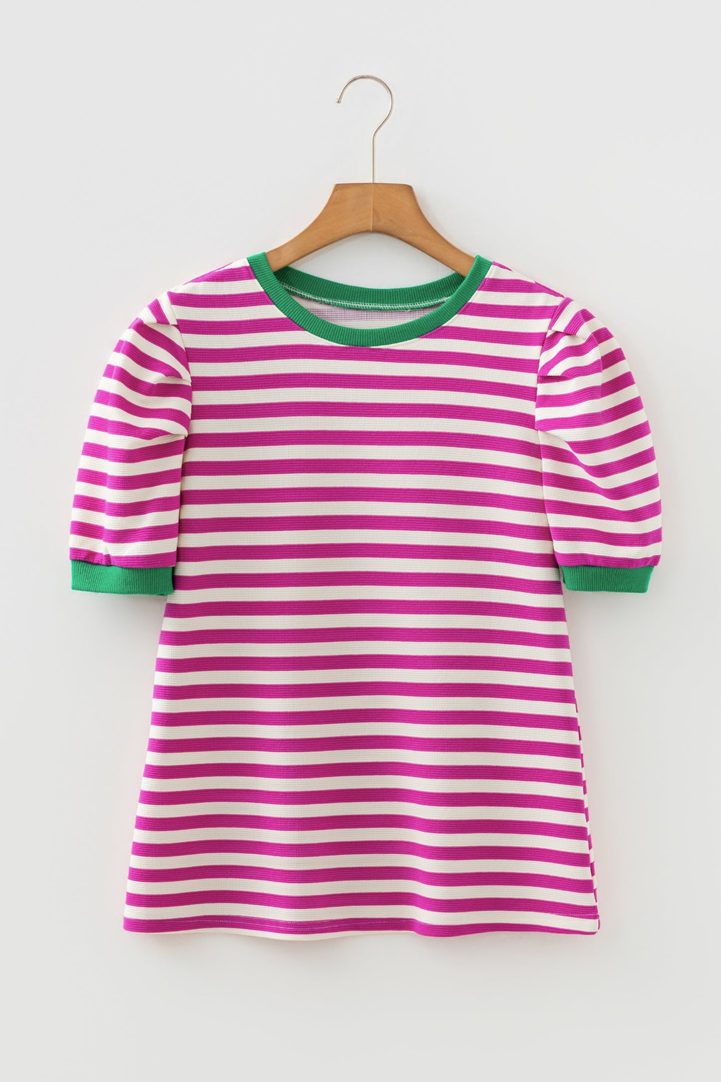 Rose Stripe Short Puff Sleeve Contrast Trim Round Neck Tee-Tops/Tops & Tees-[Adult]-[Female]-2022 Online Blue Zone Planet